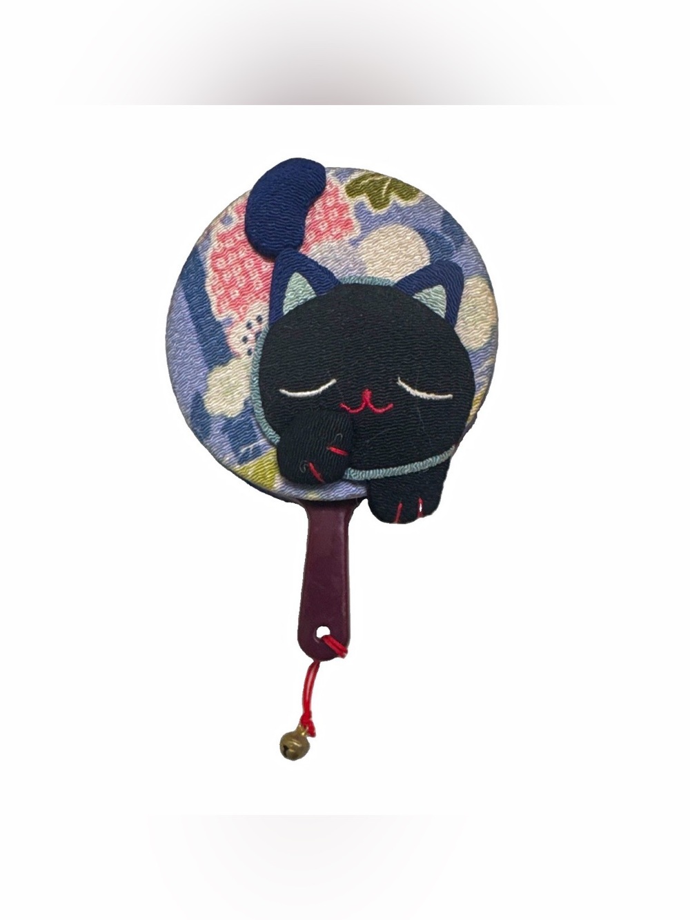 Round Handheld Mirror with Fabric Cover, Burgundy Handle, Cat Design